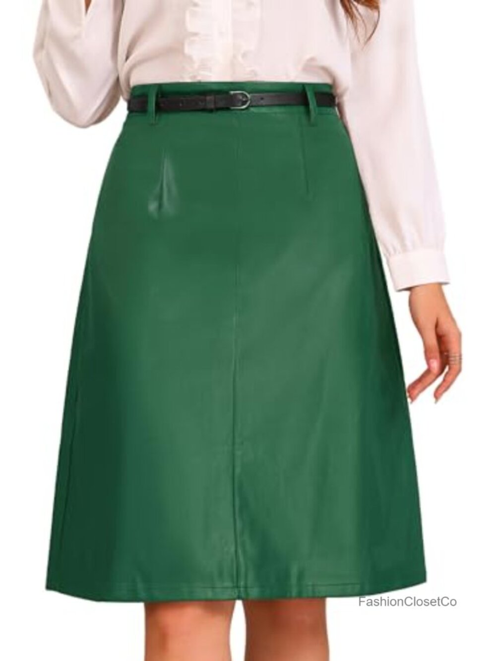 Faux Leather A-Line Skirt High Waisted Knee Length with Belt